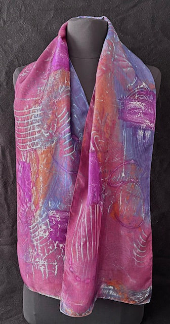 Silk scarf hand printed in magenta, purple, rust