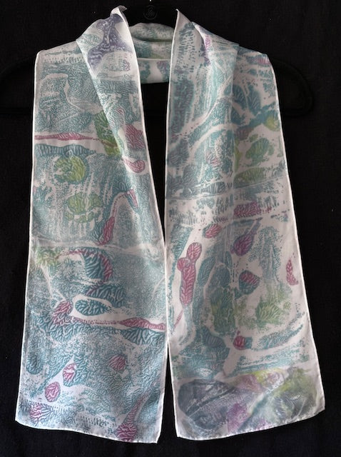 White silk scarf with pink/blue patterns