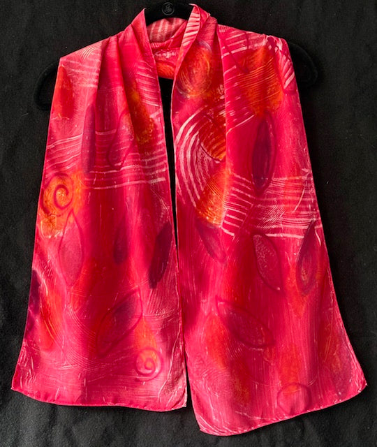 Silk scarf in deep red with violet leaves
