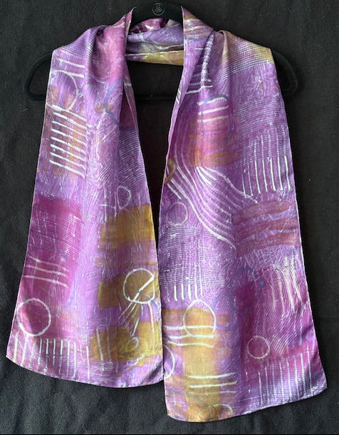 Silk scarf in purple and olive with loops and lines
