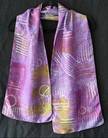 Silk scarf in purple and olive with loops and lines