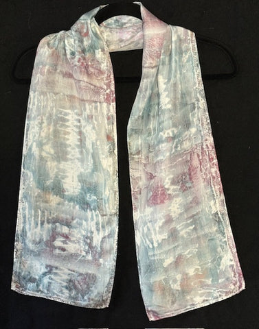 Silk scarf hand printed in soft gray shades of blue, green, purple