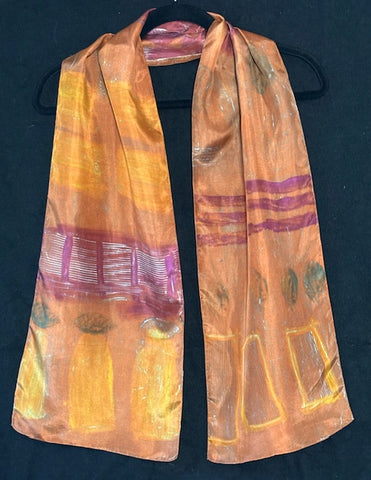 Silk scarf in bronze with gold, olive, violet patterns