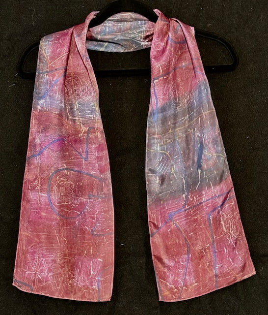 Silk scarf hand dyed in burgundy, dark plum, blue