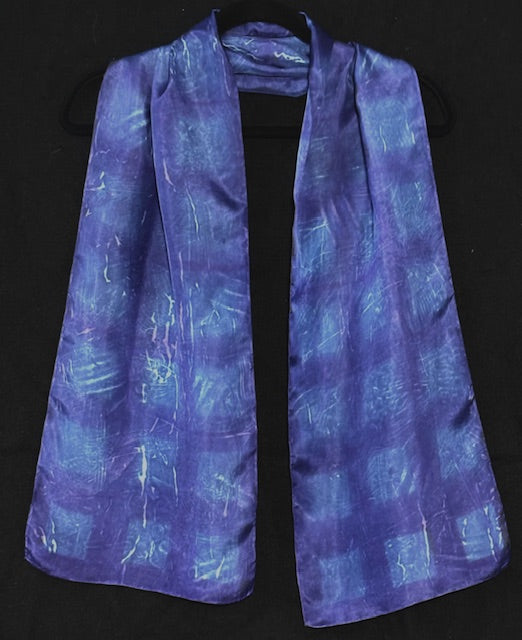 Silk scarf hand printed in purple and blue