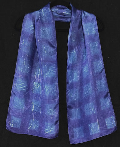 Silk scarf hand printed in purple and blue